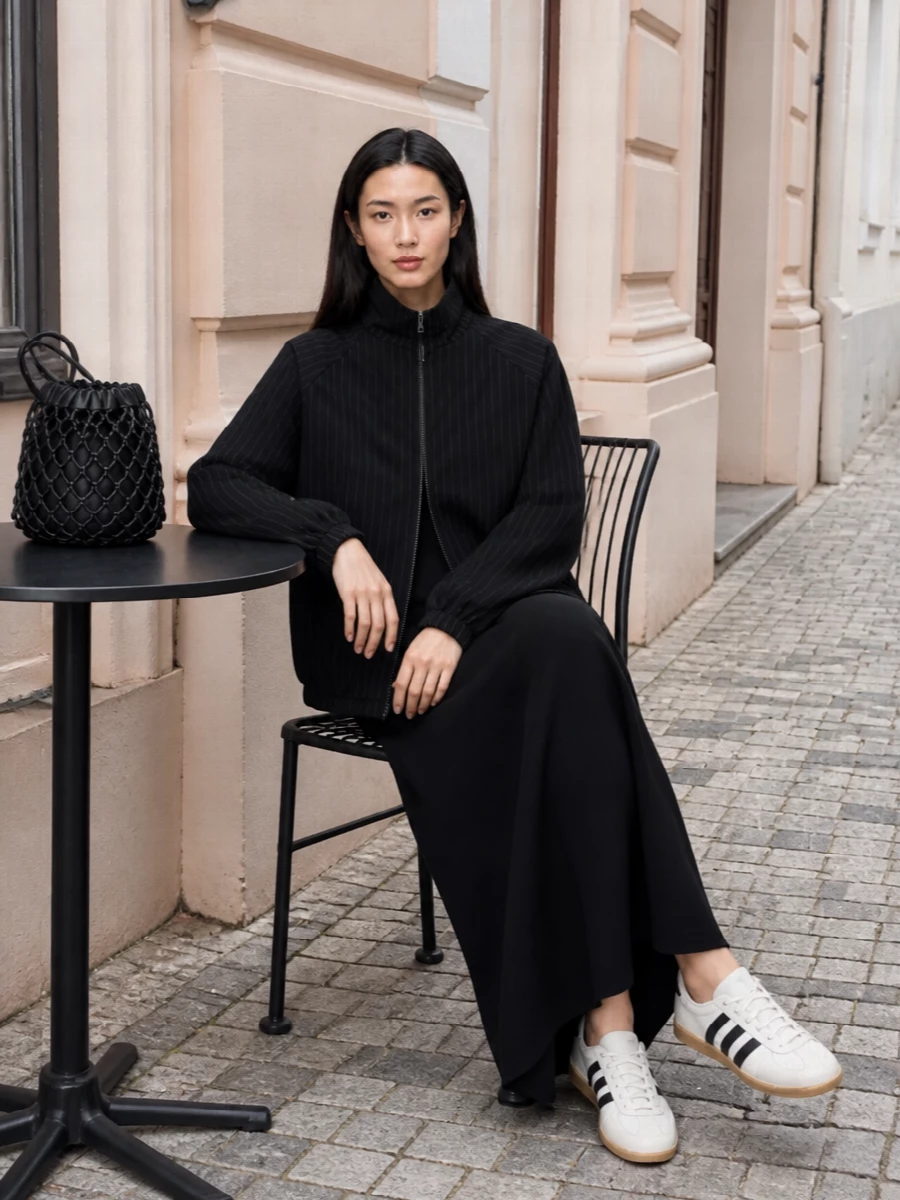 I am anchoring this with the dress route so the jacket can sit as a cocooned, almost athletic shell over a long, unfussy black column rather than fighting another tailored separate. The sneakers and netted bucket bag keep the pinstripe story grounded in city ease, reading like relaxed suiting reworked for day-to-night movement. It is a clean, graphic mix of tailoring codes and retro sport, all in a tight black-and-neutral palette.