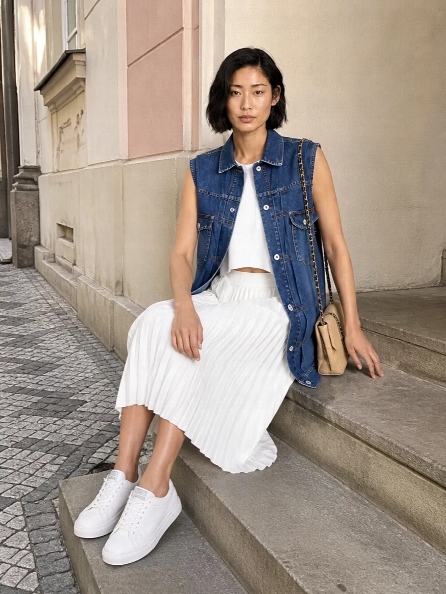 Sacai denim vest ivory pleated skirt outfit