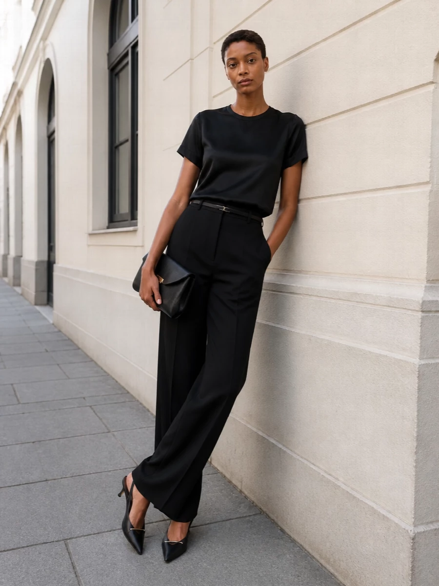 Toteme black satin top wide leg trousers outfit