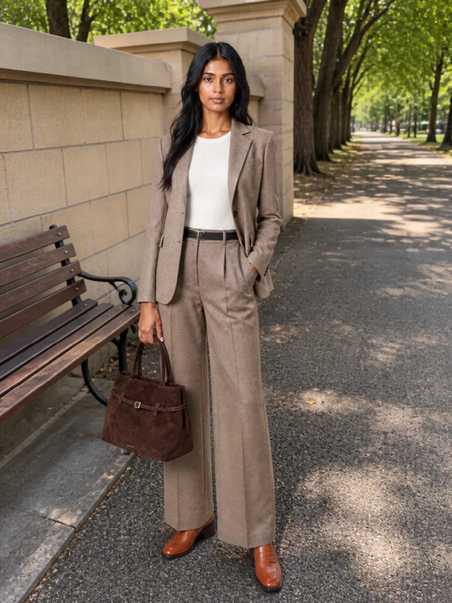 Pt torino taupe wide leg suit tods loafers
