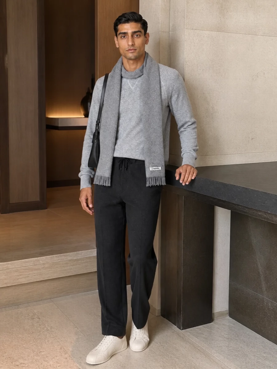 Eleventy grey sweater charcoal trousers sneakers