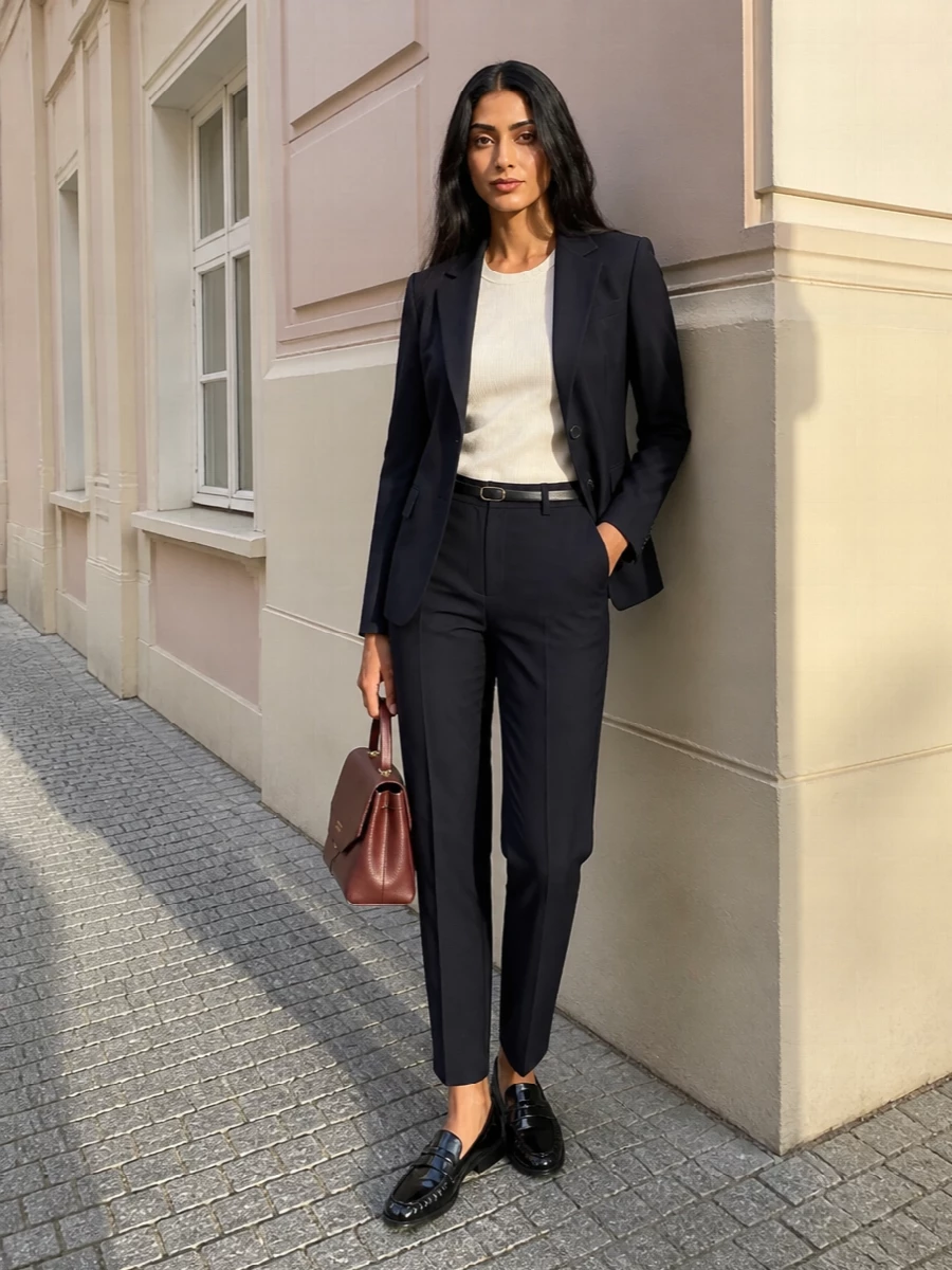 Ink navy trousers pair with a sharp charcoal-navy blazer for a clean, almost tonal suit that feels composed without being severe. A glossy black loafer and slim black belt keep the line restrained and practical, while the mahogany top-handle bag introduces just enough warmth for a quietly confident workday ensemble.