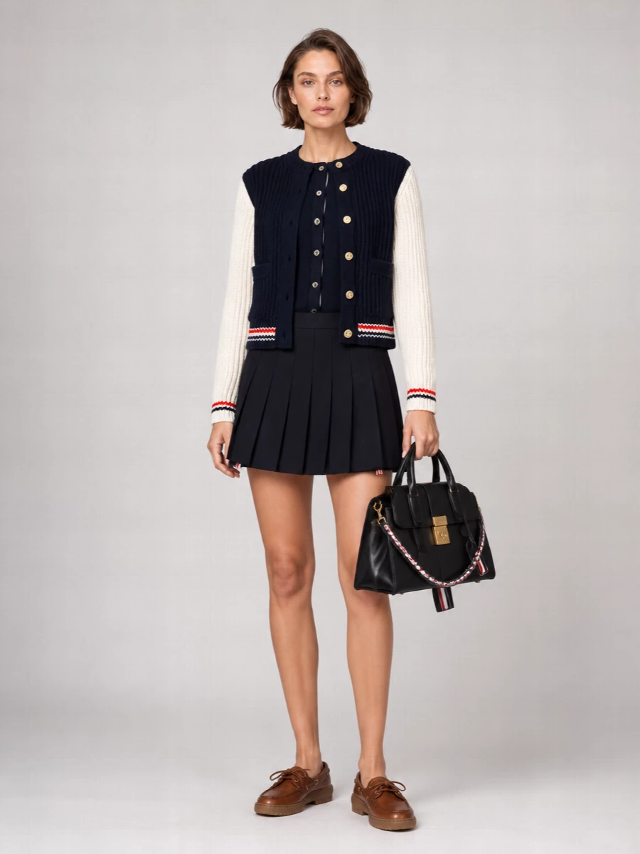 Thom Browne Cashmere Bicolor Cable-Knit Cardigan