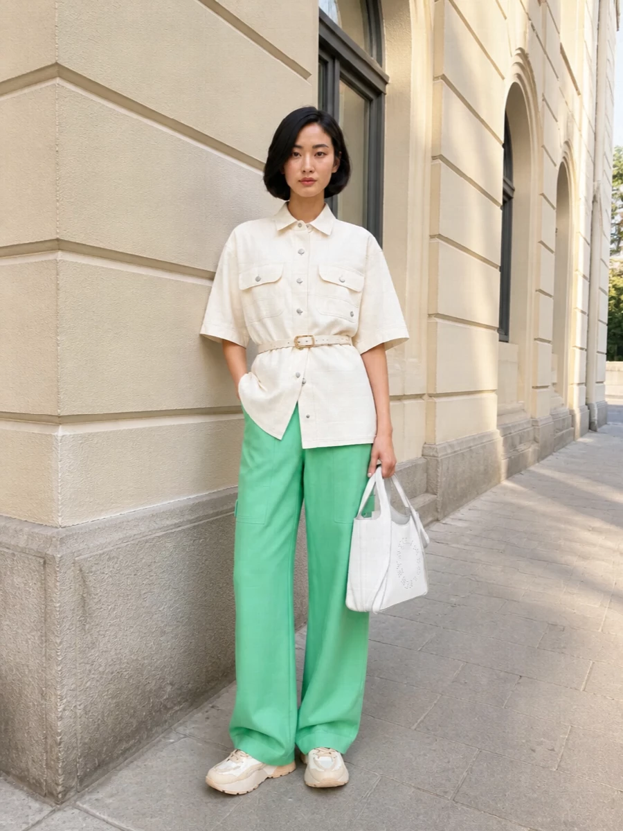 Stella mccartney mint cargo pants cream shirt outfit