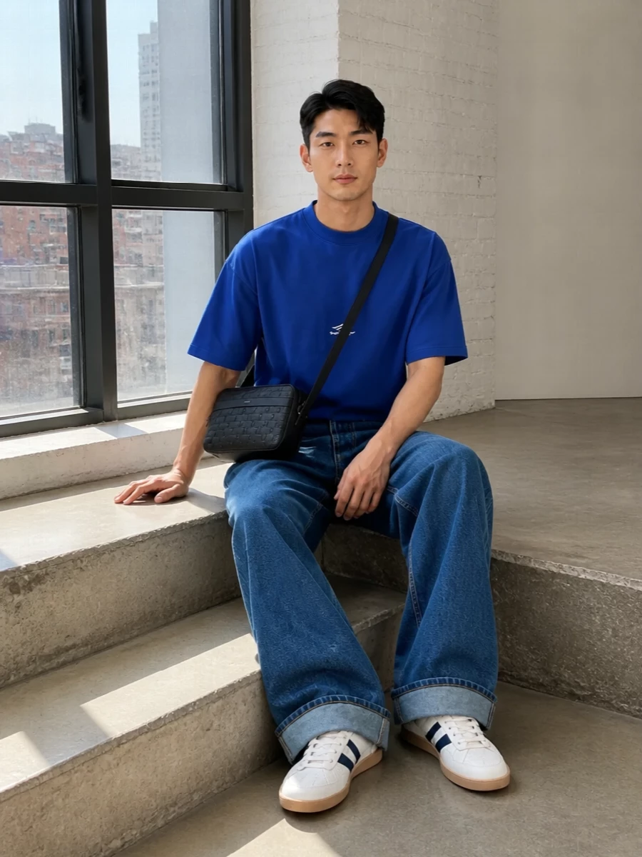 Cobalt, deep indigo and off-white work together here for a crisp, minimal take on street dressing. The boxy tee sits over fluid wide-leg denim, with pared-back retro sneakers and a sharp black crossbody keeping everything graphic but restrained. It feels relaxed and confident, driven by proportion and color rather than heavy branding.