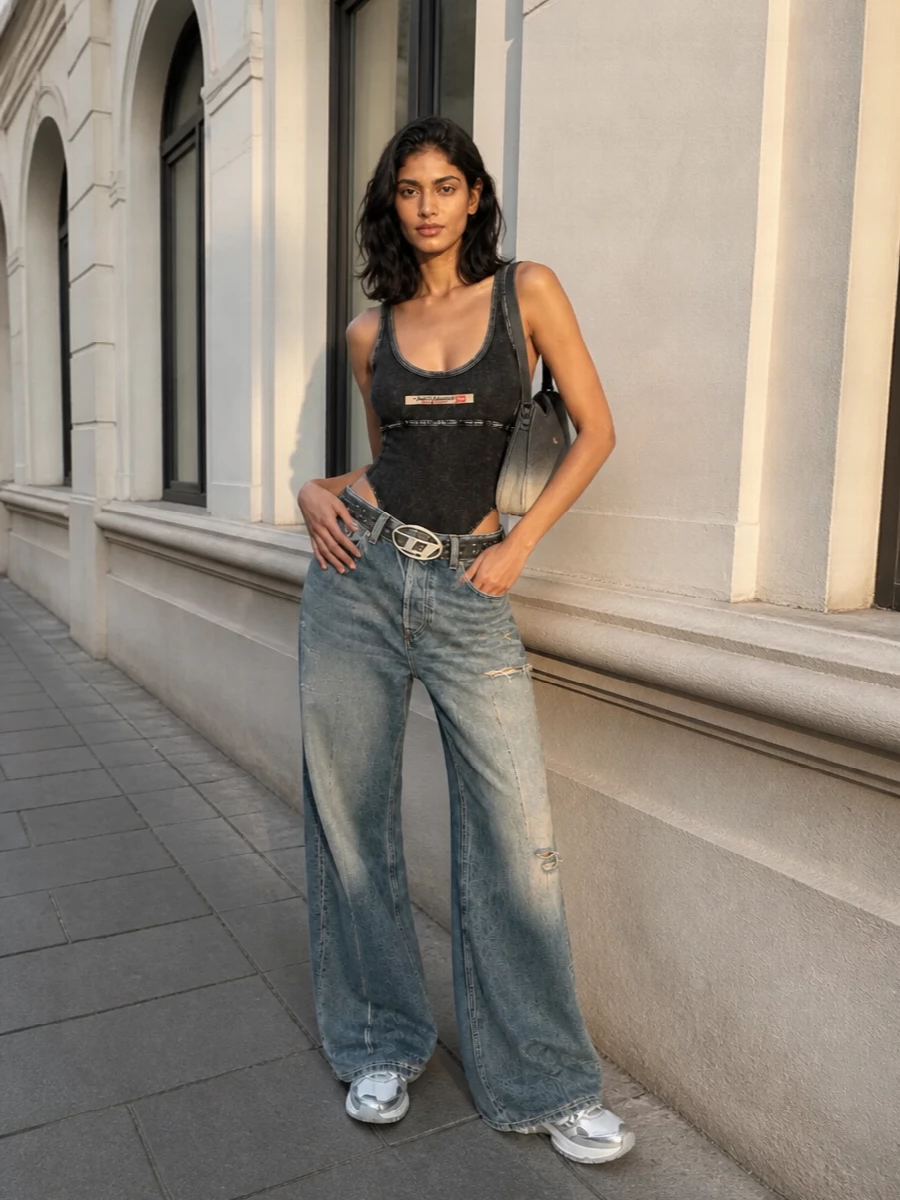 Diesel wide leg jeans charcoal bodysuit outfit