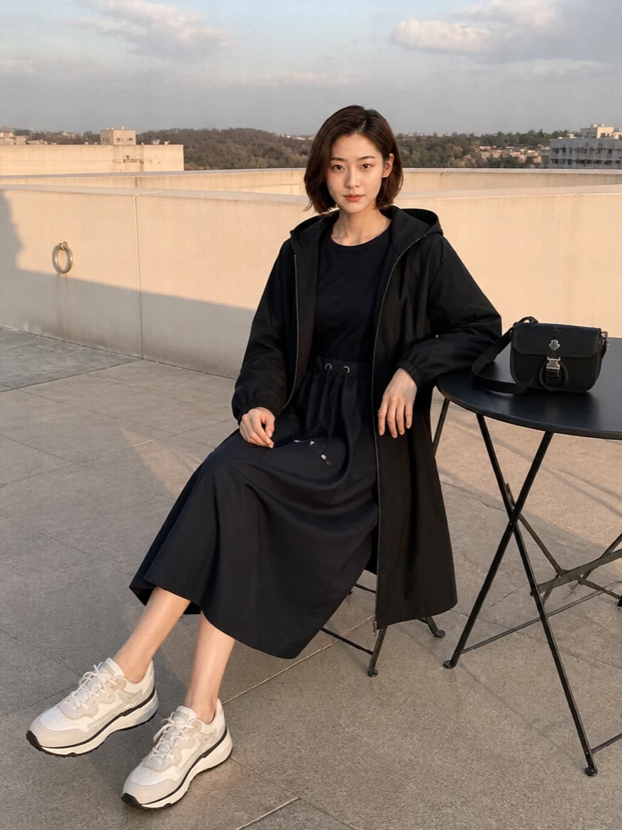 Herno parka navy midi dress sneakers