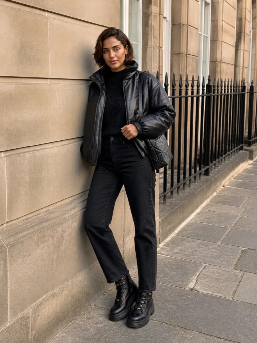 I kept this firmly in the denim lane rather than a dress, so the padded Anine Bing jacket stays grounded in its natural habitat of knits and jeans. The ribbed logo sweater, straight faded-black denim and chunky Pinko boots create a tight black–charcoal story, while the faceted Bao Bao bag brings a subtle graphic hit that still feels minimal. The result is a sharp, city-ready winter uniform that is relaxed in fit but very considered in texture and tone.