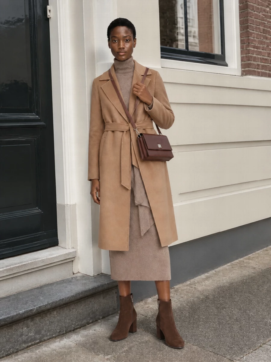 Max mara camel coat taupe knit midi outfit