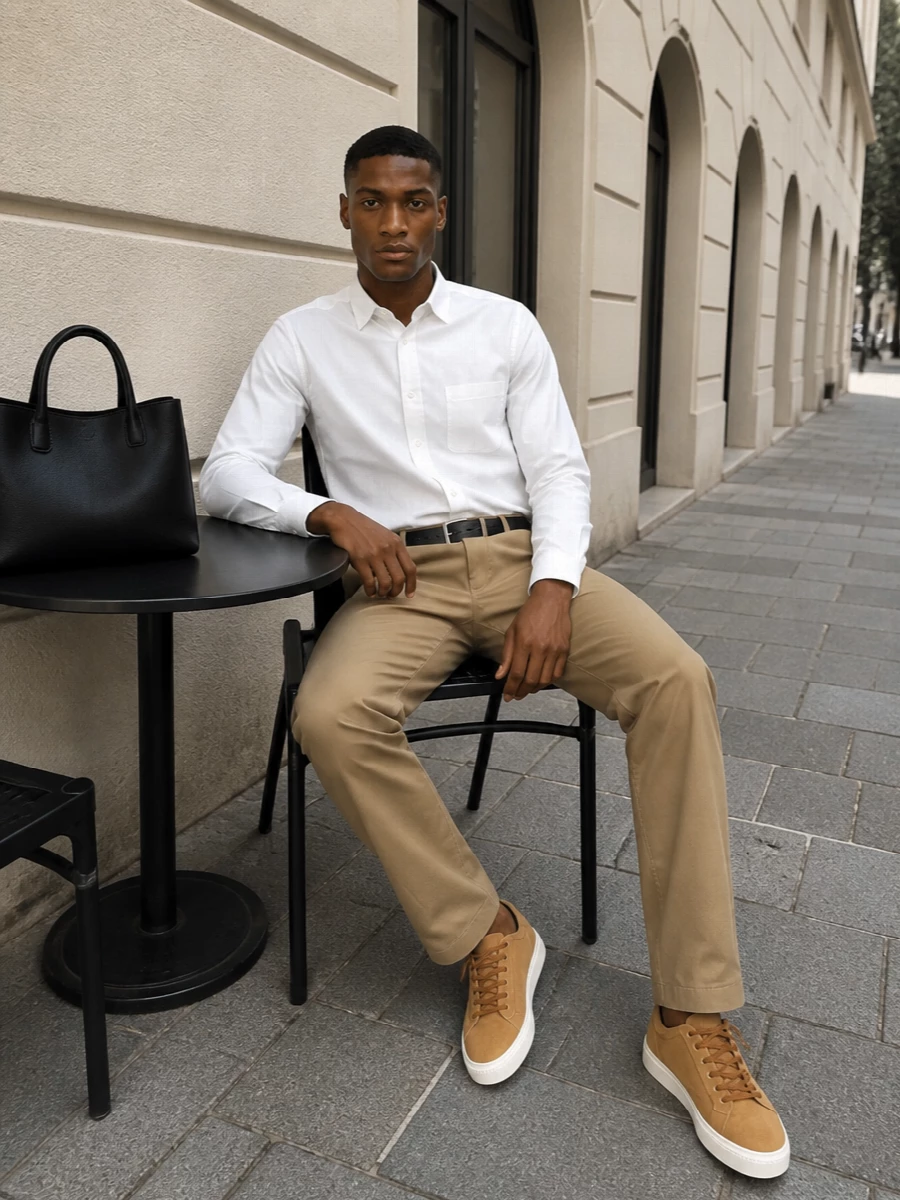 Comme des garcons camel trousers white shirt