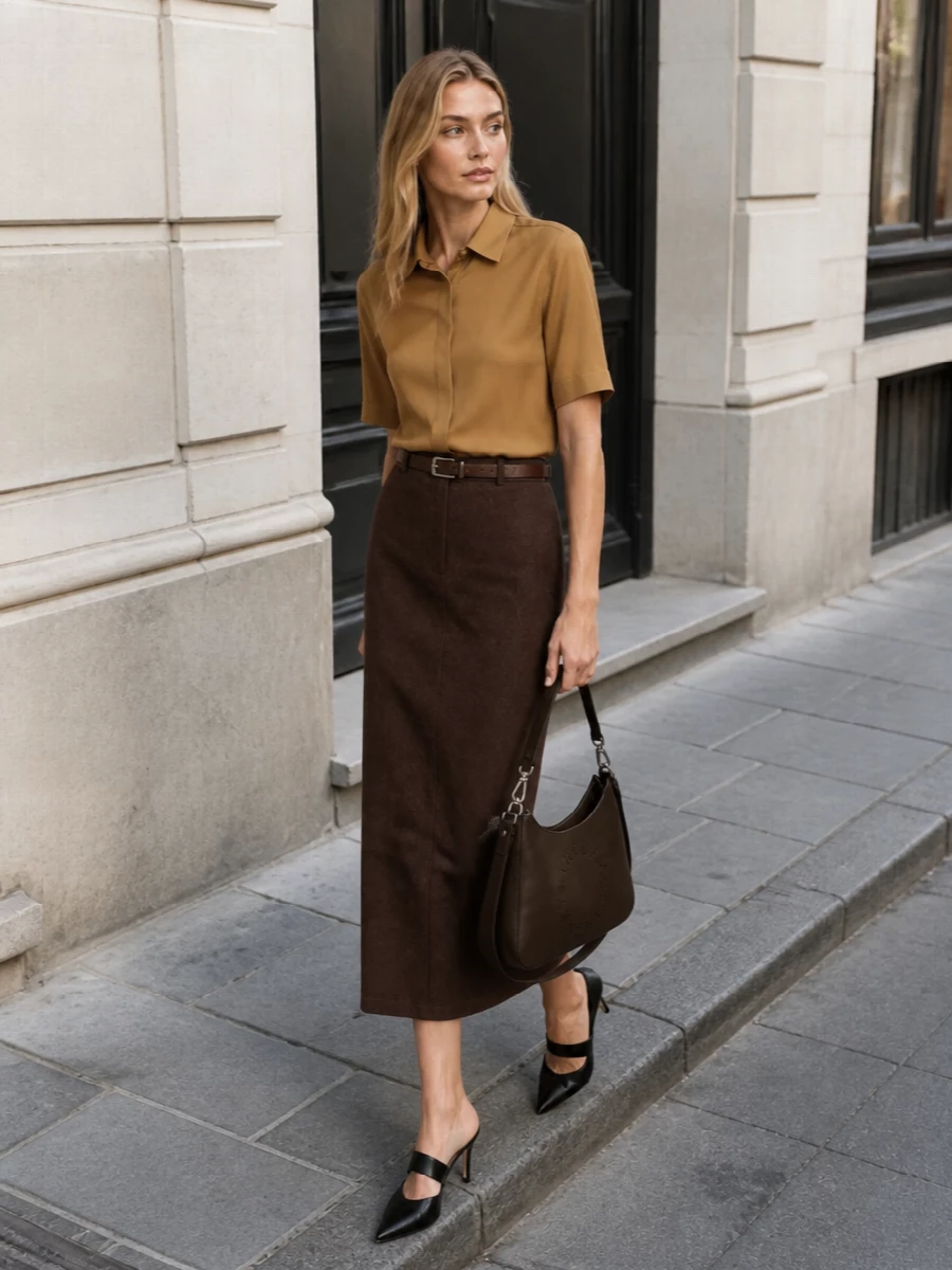 This look builds a long, tailored column around the chocolate Max Mara midi skirt, grounded with a fluid camel short-sleeve shirt for a warm, tonal palette that feels quietly powerful for SS. A slim brown belt subtly defines the waist, while black satin stiletto mules and a structured chocolate shoulder bag sharpen the proportions for desk-to-dinner polish without disturbing the minimalist, quiet-luxury mood.