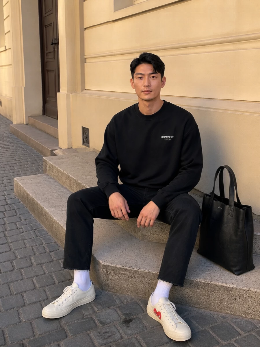 Represent sweatshirt golden goose jeans outfit