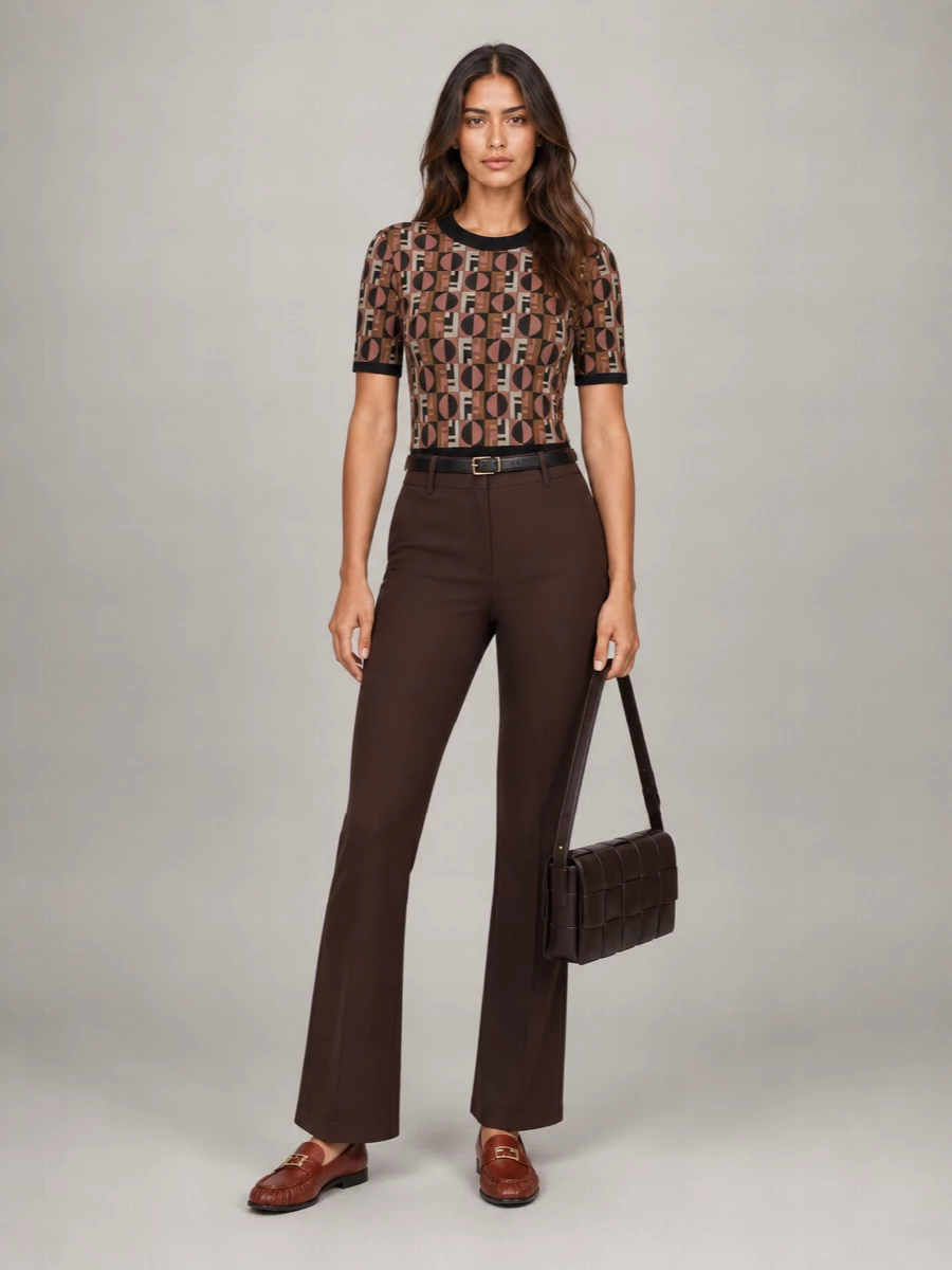 Fendi Ribbed Jacquard Short-Sleeve Crew-Neck Knitted Top