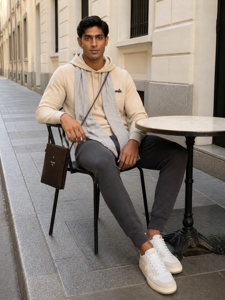 Lanvin hoodie charcoal joggers white sneakers
