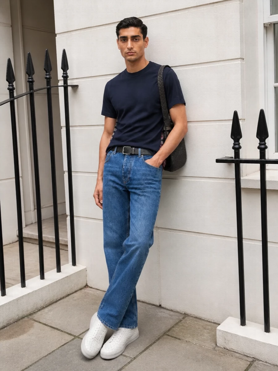 Bottega veneta navy tee straight jeans outfit