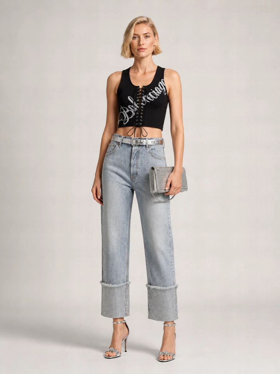Acne Studios Denim Rhinestone Straight-Leg Cropped Jeans