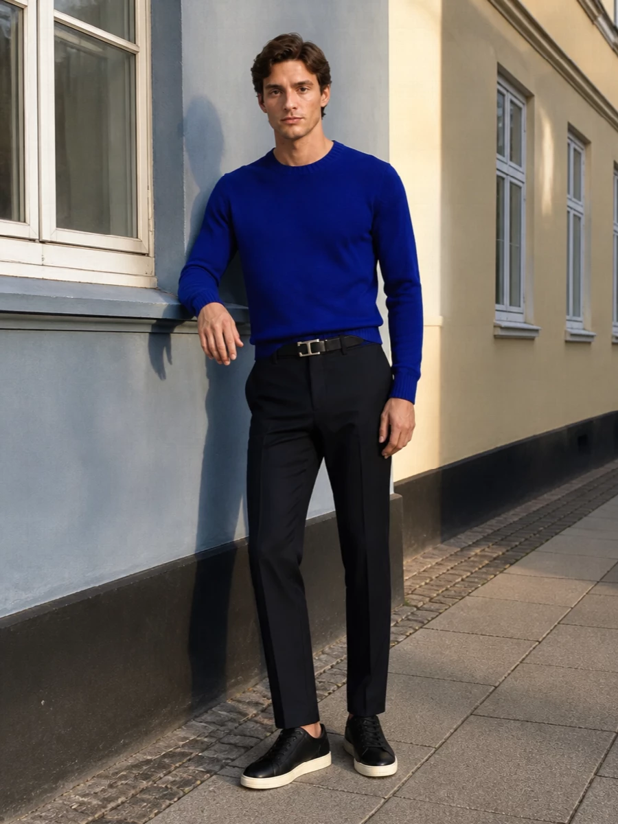 Tom ford cobalt sweater navy trousers sneakers