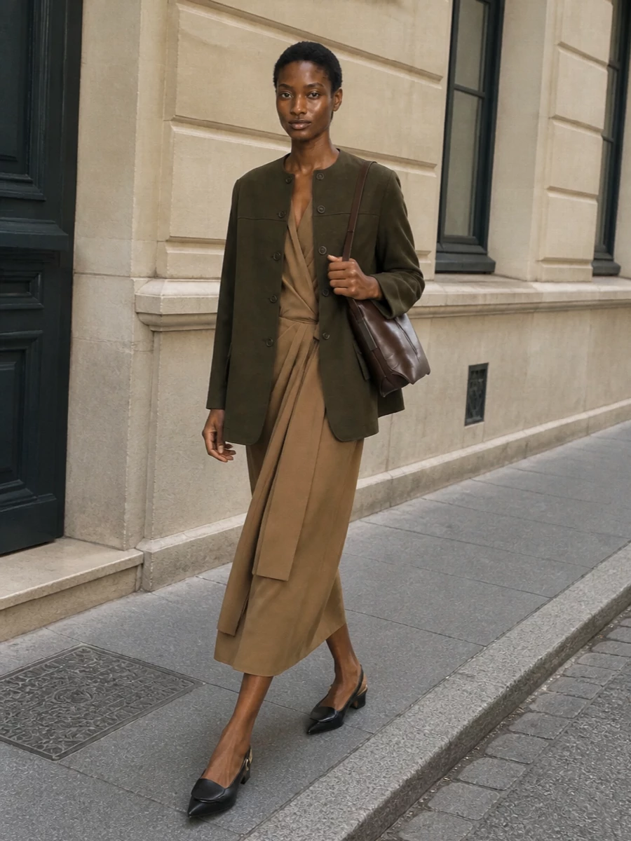 Max mara olive jacket camel wrap midi dress outfit
