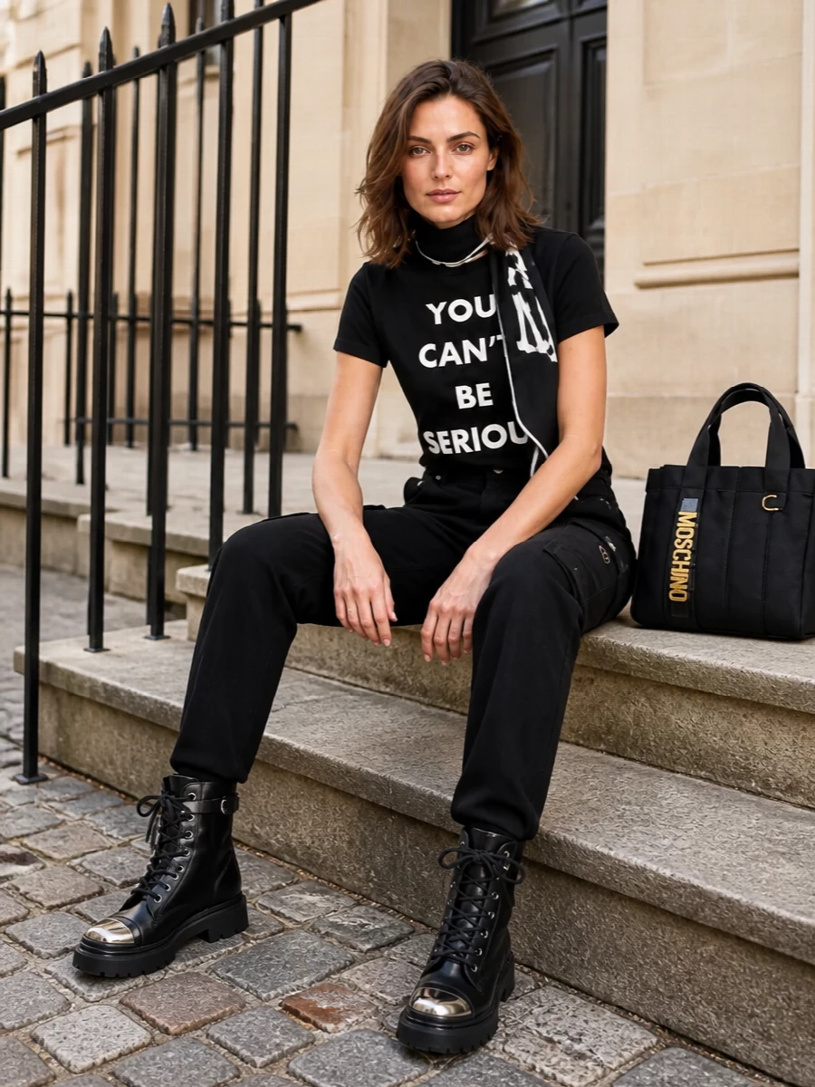 A sharp black-and-white Moschino tee pairs with straight black cargos for a streamlined, street-ready uniform that lets the slogan carry the attitude. Chunky combat boots add weight and edge, while a compact logo tote keeps the branding focused and practical. A monochrome logo scarf tops it off with just enough graphic detail to feel intentional, not busy.