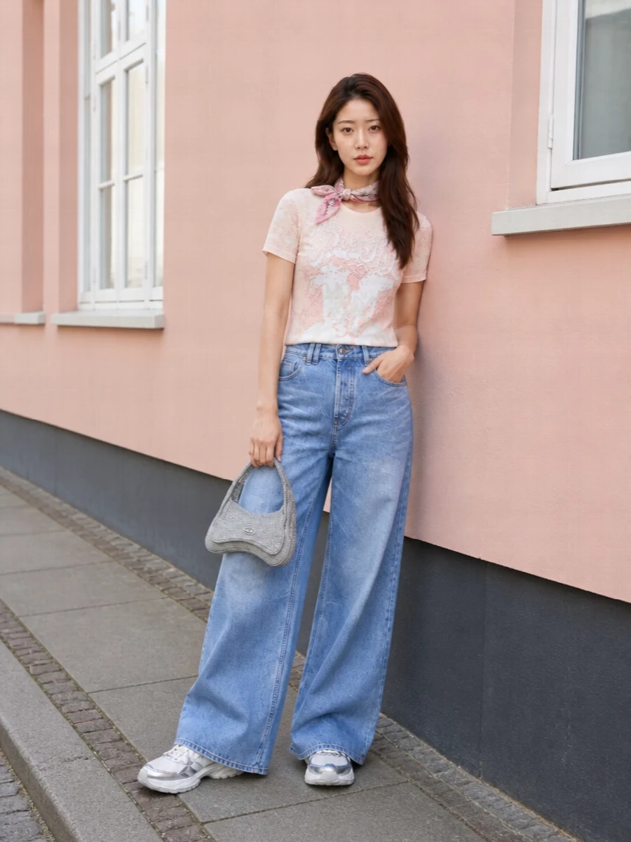 Diesel pastel tee wide leg jeans outfit