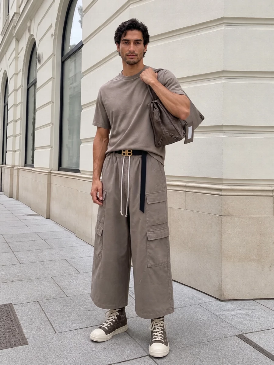Rick owens drkshdw wide leg cargo pants outfit