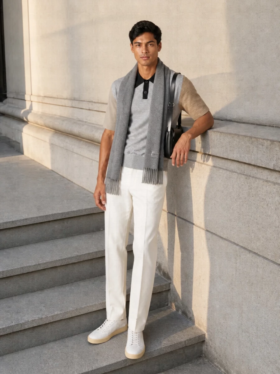 Jacquemus knit polo ivory trousers white sneakers