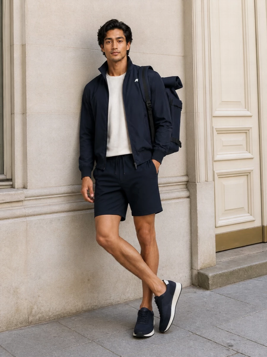 K way navy jacket rains backpack outfit