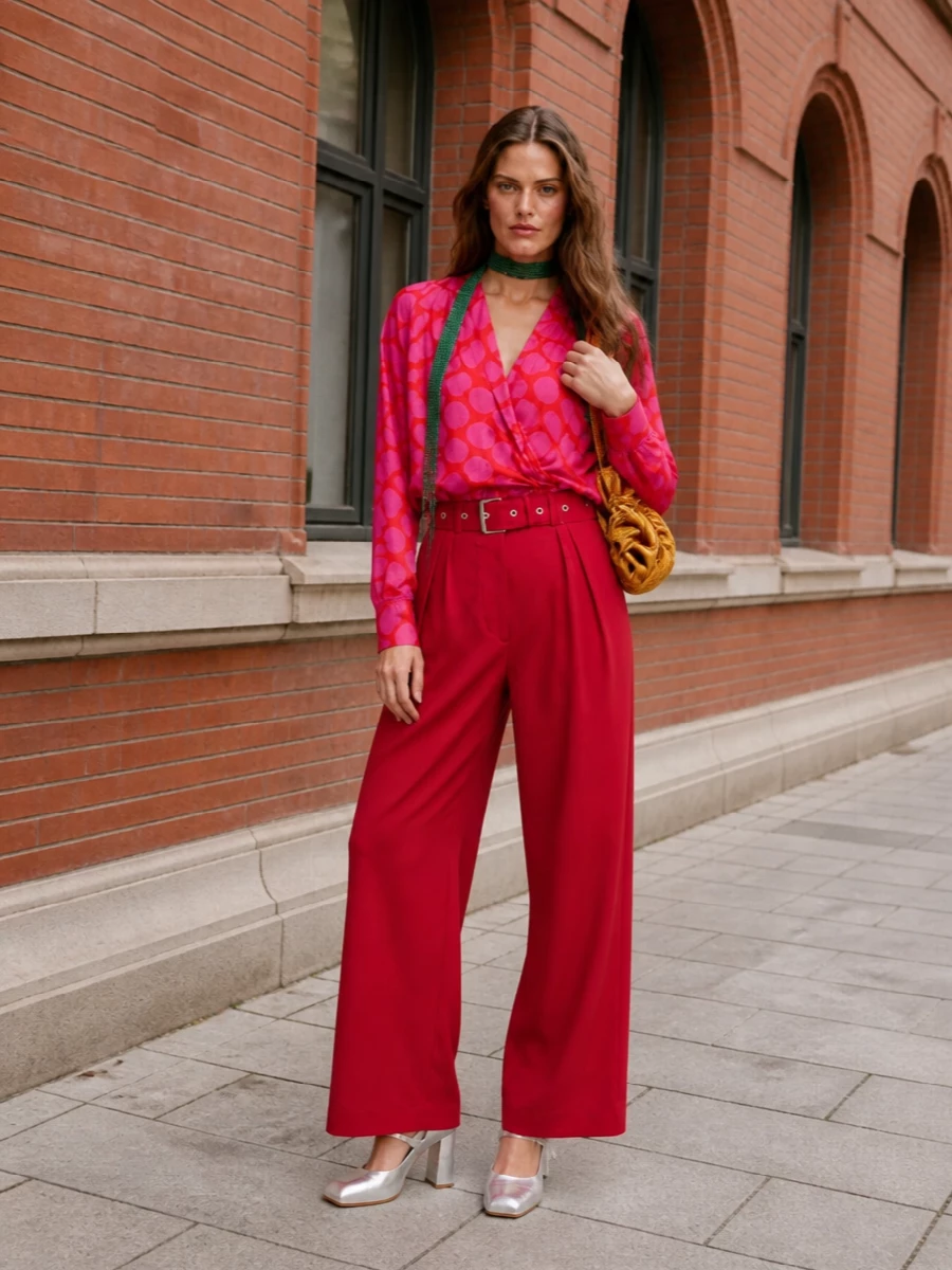 Dries van noten red wrap blouse wide leg trousers