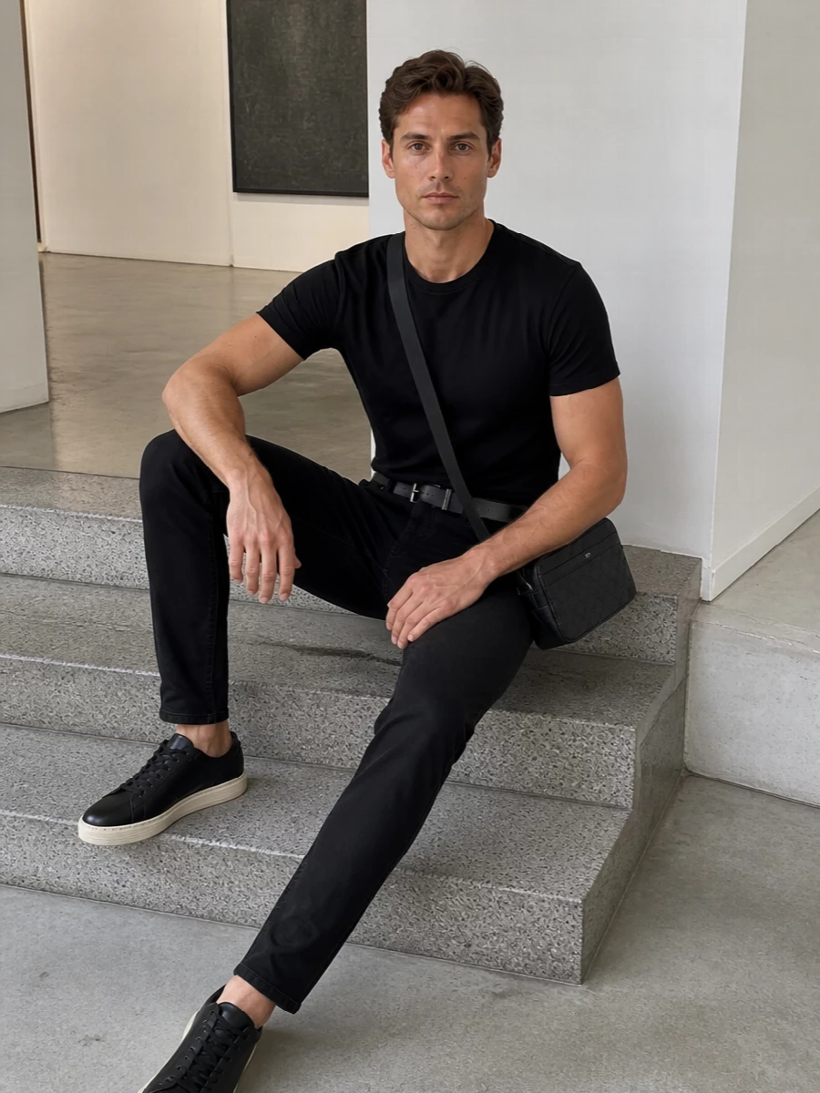 Tom ford black t shirt slim trousers outfit