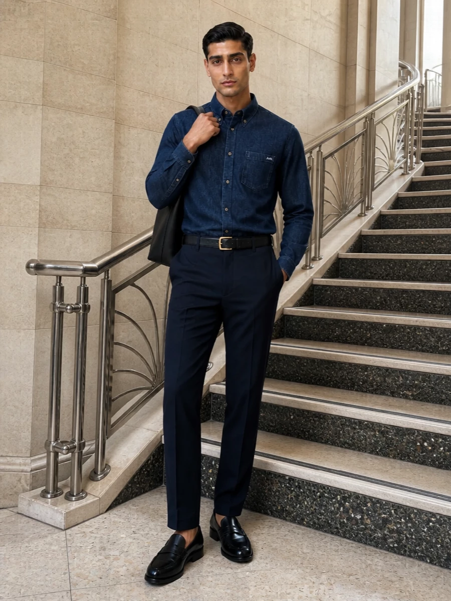 Apc denim shirt navy trousers loafers