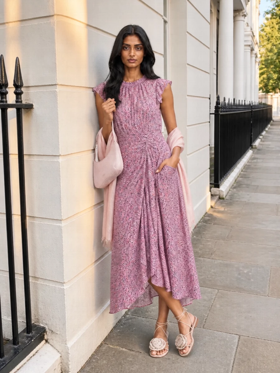 Softly romantic and a little bohemian, this pairing lets the floral midi stay centre stage while neutrally laced flats keep everything grounded and wearable. The blush shoulder bag and stole echo the dress’s pink tones, creating a gentle wash of colour that feels considered rather than matchy. Ideal for sunlit lunches, garden parties or relaxed city dinners when you want something pretty but unfussy.