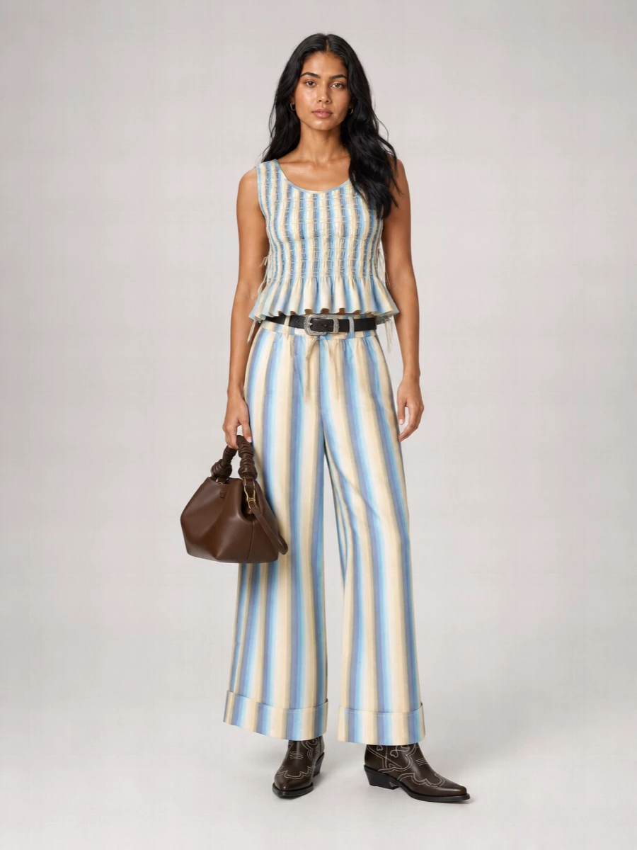 Ganni Embroidered Cotton Wide-Leg Trousers