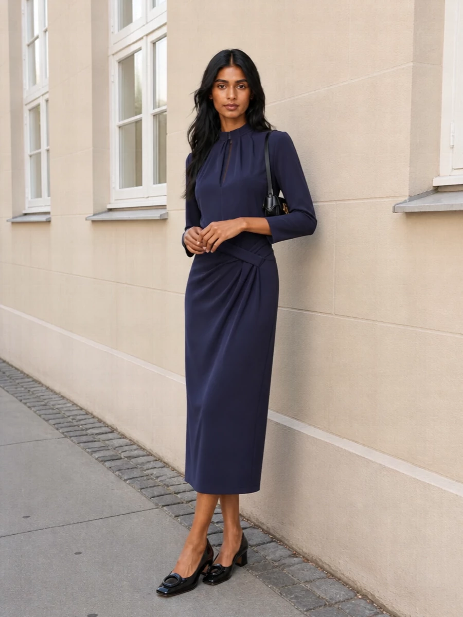 Giorgio armani navy midi dress ferragamo pumps