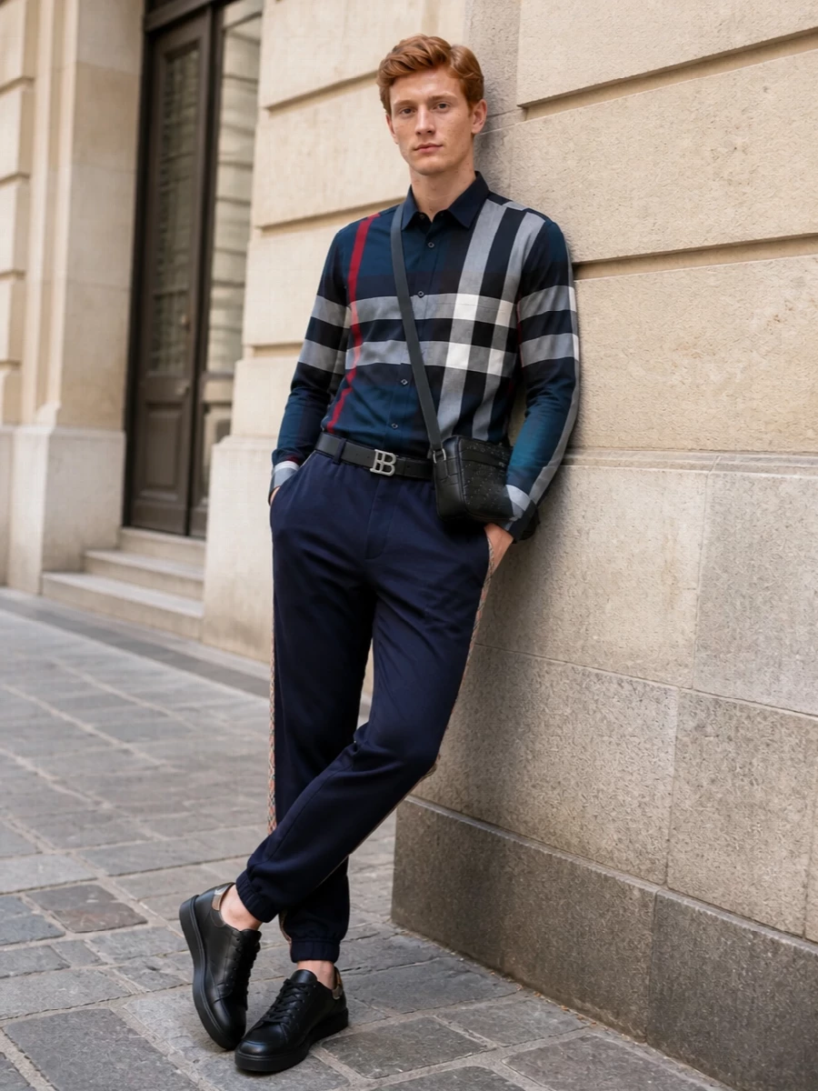 Burberry check shirt navy joggers streetwear outfit