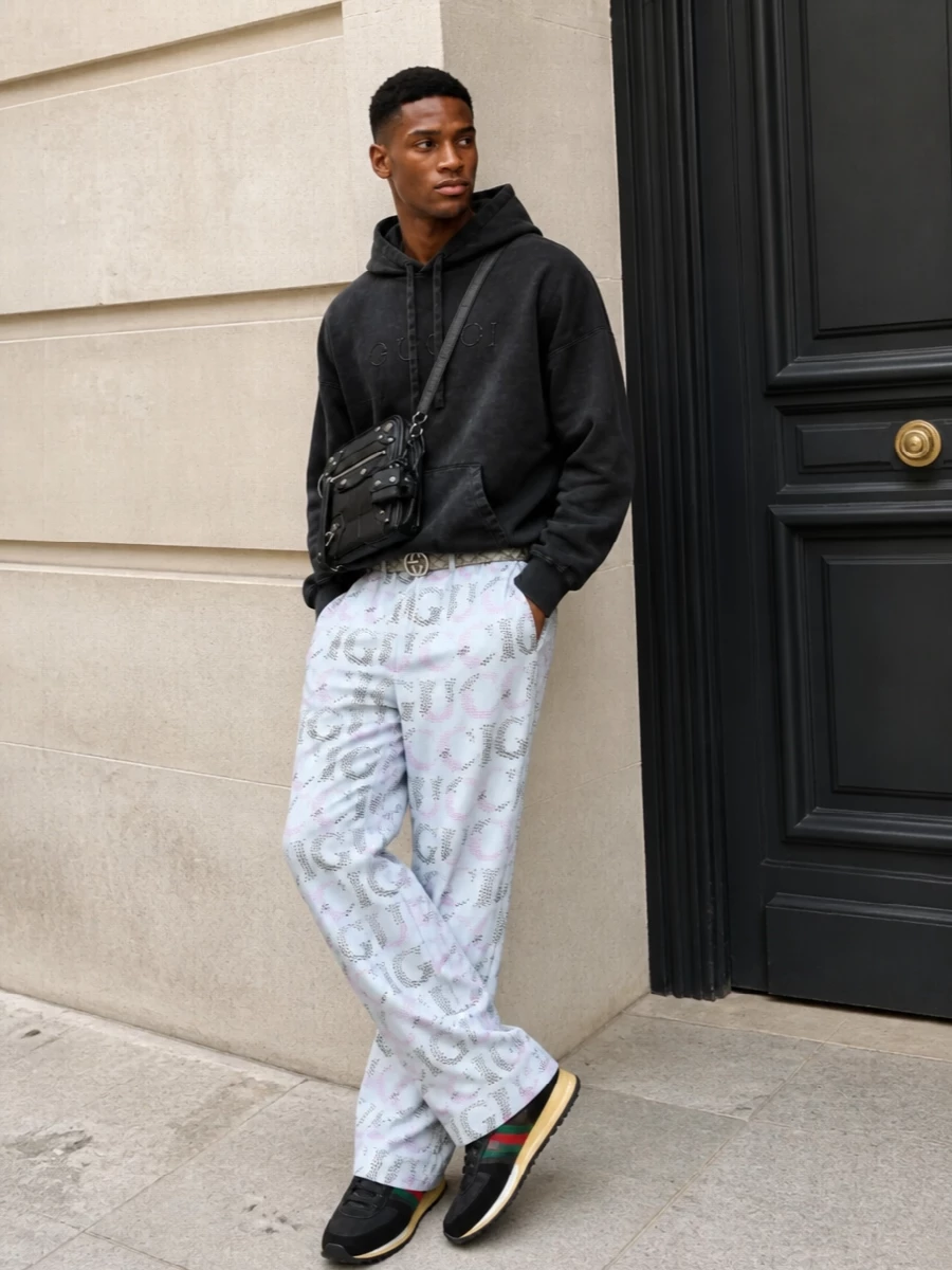 Gucci track pants hoodie streetwear outfit