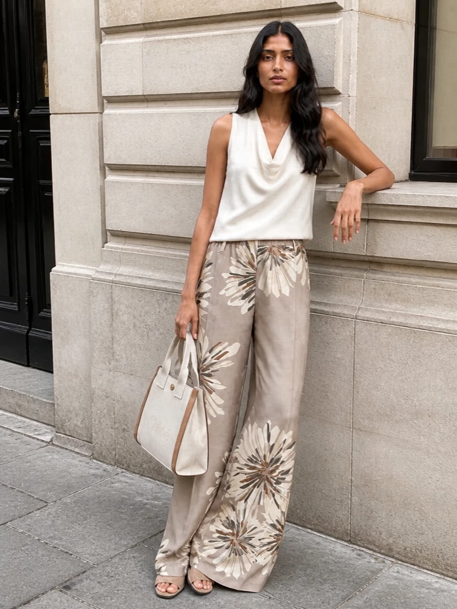 Wide leg floral trousers cowl neck tank outfit