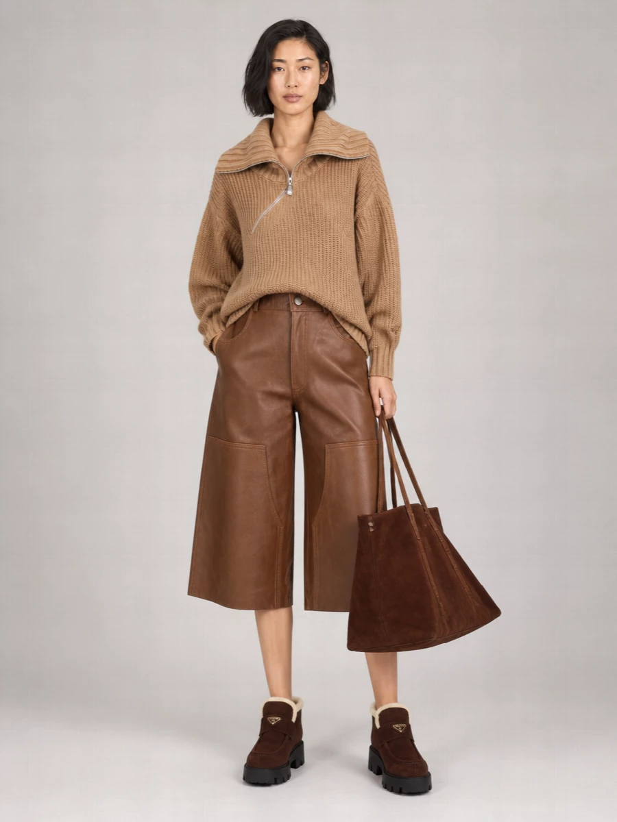 This is a cocooned winter streetwear ensemble built around warm browns and tactile textures, with the chunky Prada shearling loafer‑boots grounding the proportions. The oversized camel half‑zip and sculptural faux‑leather culottes strike that sweet spot between directional and low‑key, while the large suede tote keeps everything practical yet polished for city days. I chose the knit‑plus‑culotte route over a dress to let the boots and volume play really define the silhouette.