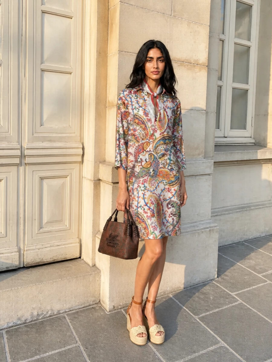 Etro paisley shirt dress with raffia wedges