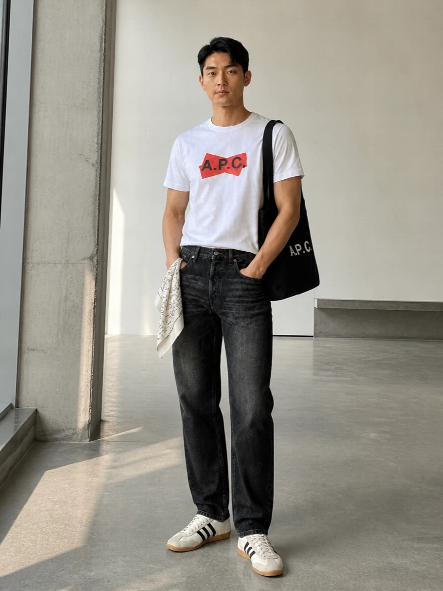 A.P.C.’s graphic tee sits over washed black straight denim for a clean, street-focused uniform that still feels pared back. Off-white and black retro trainers pick up the tee’s contrast, while the black logo tote and subtle printed scarf keep everything sharp and graphic without extra noise.