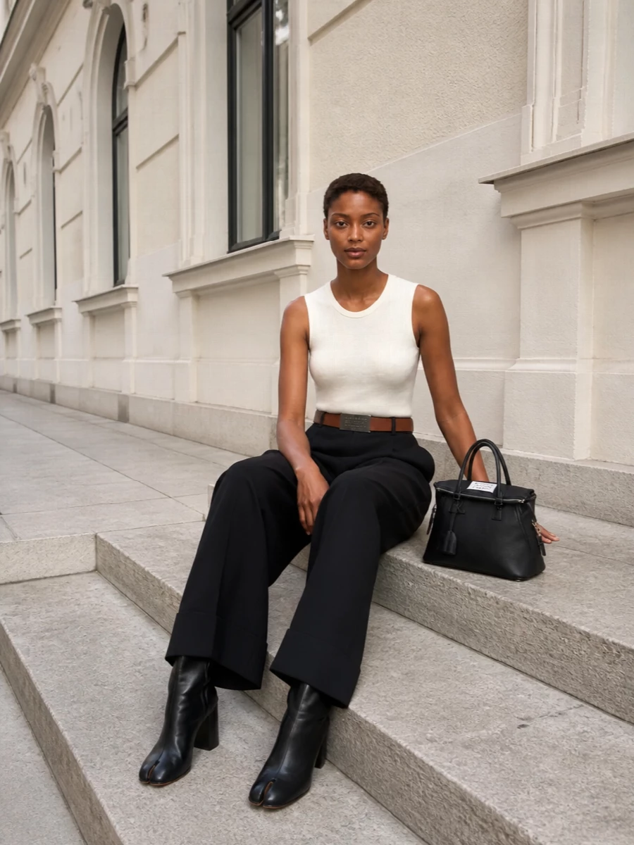 Maison margiela ivory bodysuit black wide leg trousers