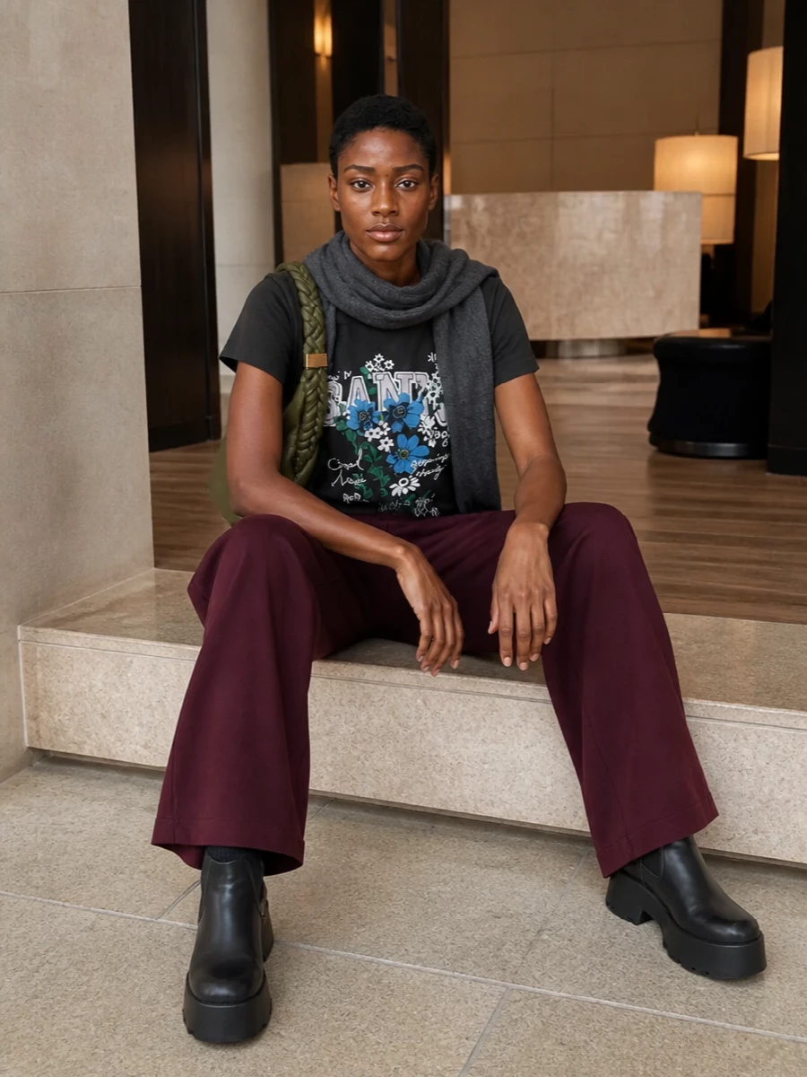 Ganni graphic tee burgundy cargo trousers outfit