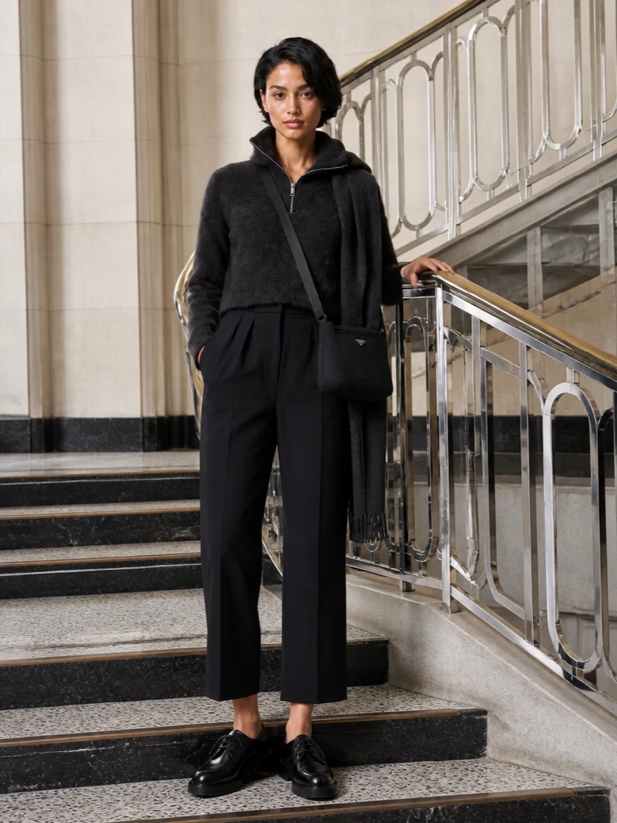 A cropped, tactile sweatshirt sits against precise black tailoring for a monochrome take on off duty polish. Chunky derbies and a technical cross body keep the mood low key yet considered, while the charcoal scarf quietly reinforces the soft structured textures. The result feels equally at home on a city errand day or a relaxed creative office morning.
