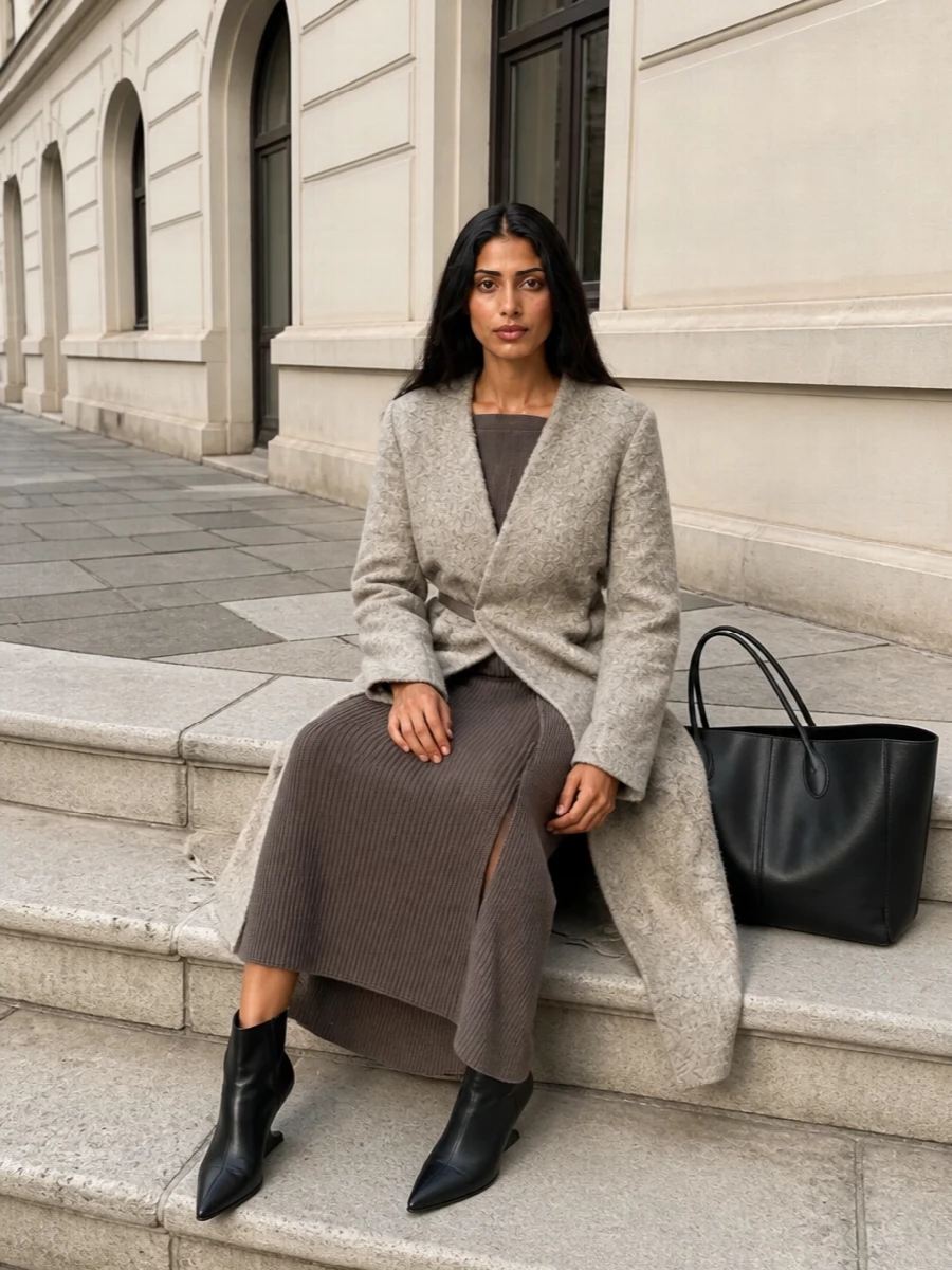 Rick owens knit dress wrap coat ankle boots