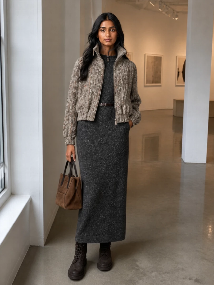 Brunello cucinelli charcoal knit dress outfit