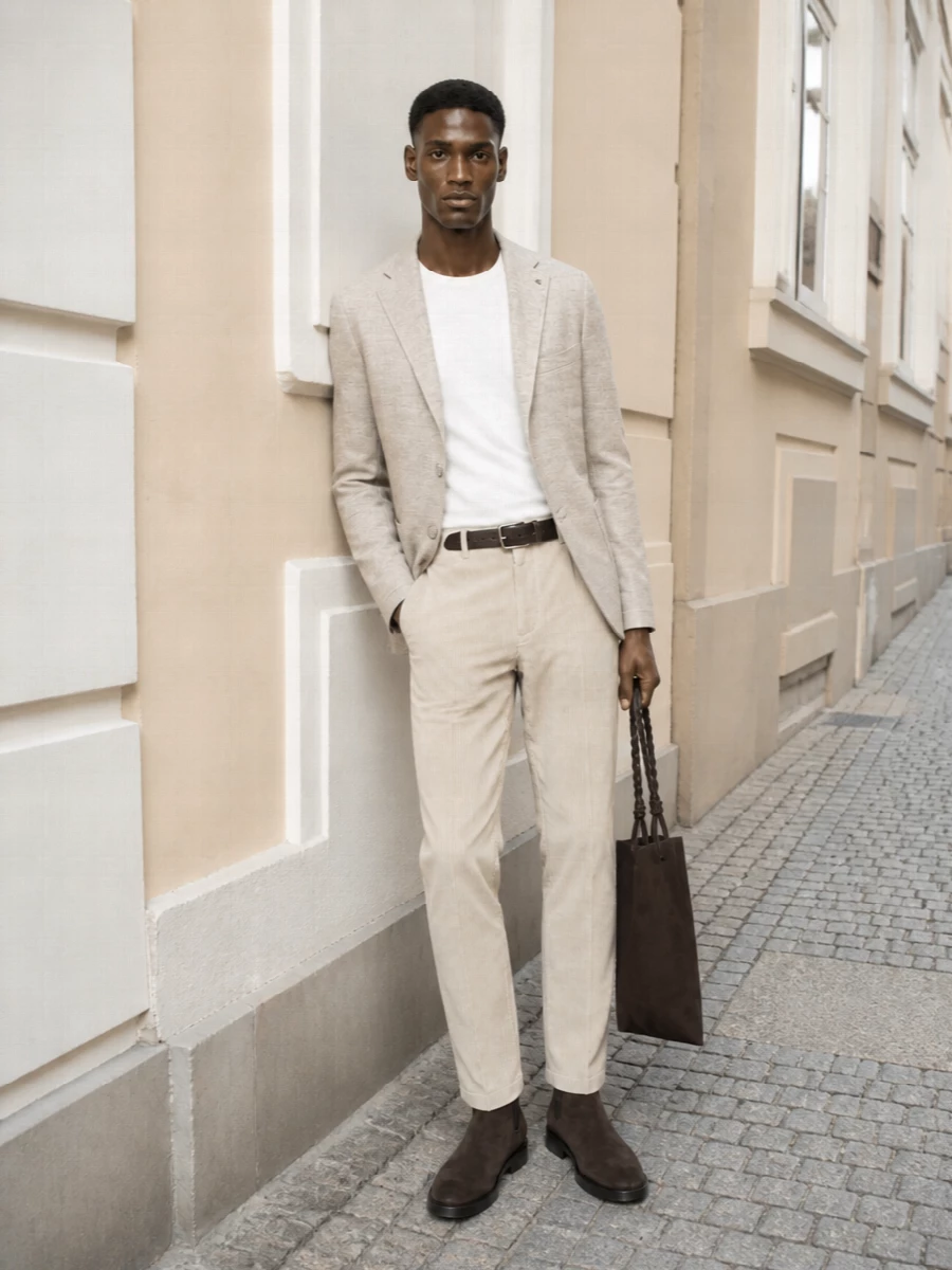 Tagliatore beige corduroy blazer chelsea boots outfit