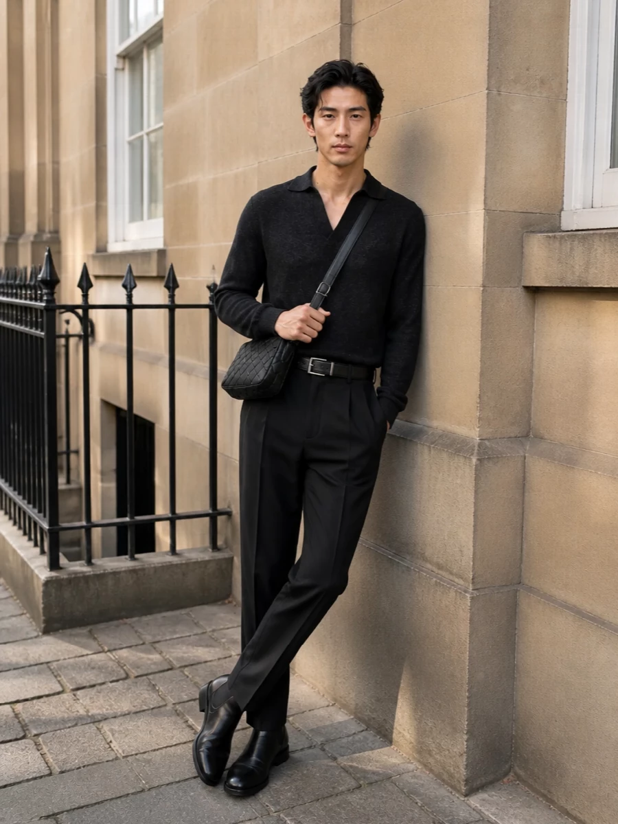 Tom ford charcoal knit pleated trousers outfit