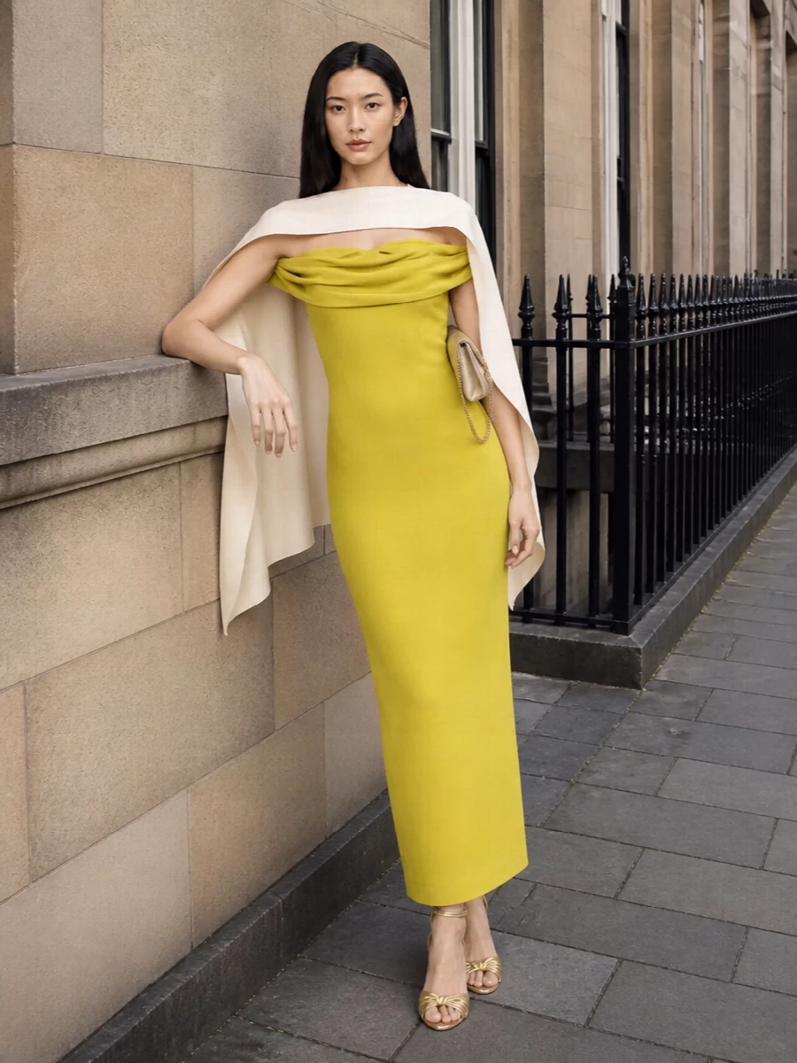 Solace chartreuse gown gold evening accessories