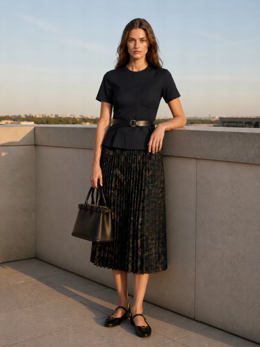 Sacai pleated midi navy peplum top outfit