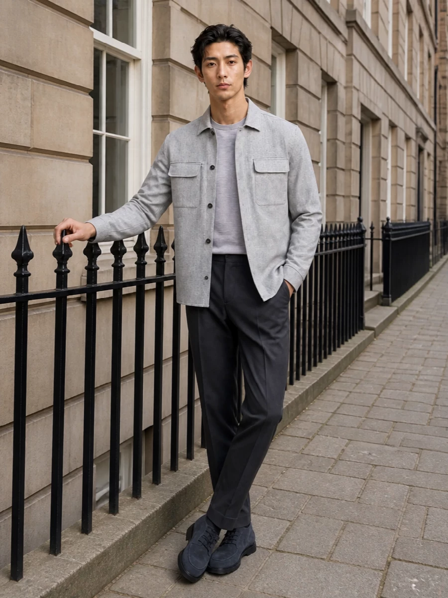 Eleventy grey overshirt tailored trousers outfit