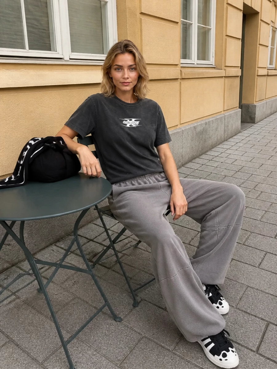 Alexander wang tee wide track pant outfit